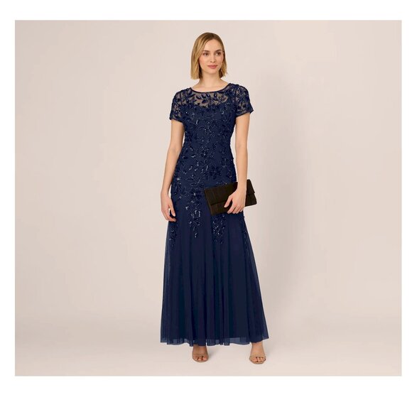 Adrianna Papell Beaded Short Sleeve Floral Godet Gown Midnight Navy Size 0 NWT - Picture 7 of 14